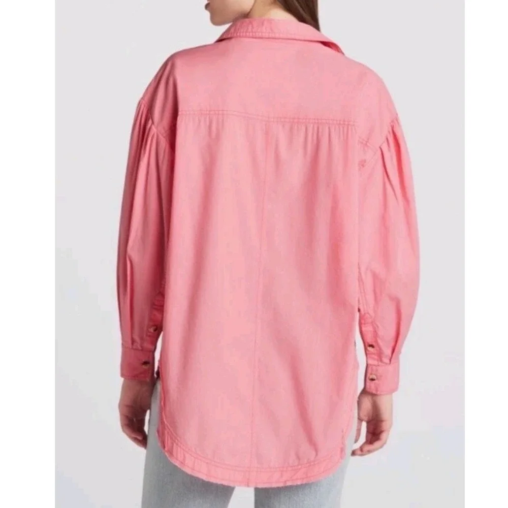 Free People We The Free Womens Large Happy Hour Poplin Top Pink Oversized Button
